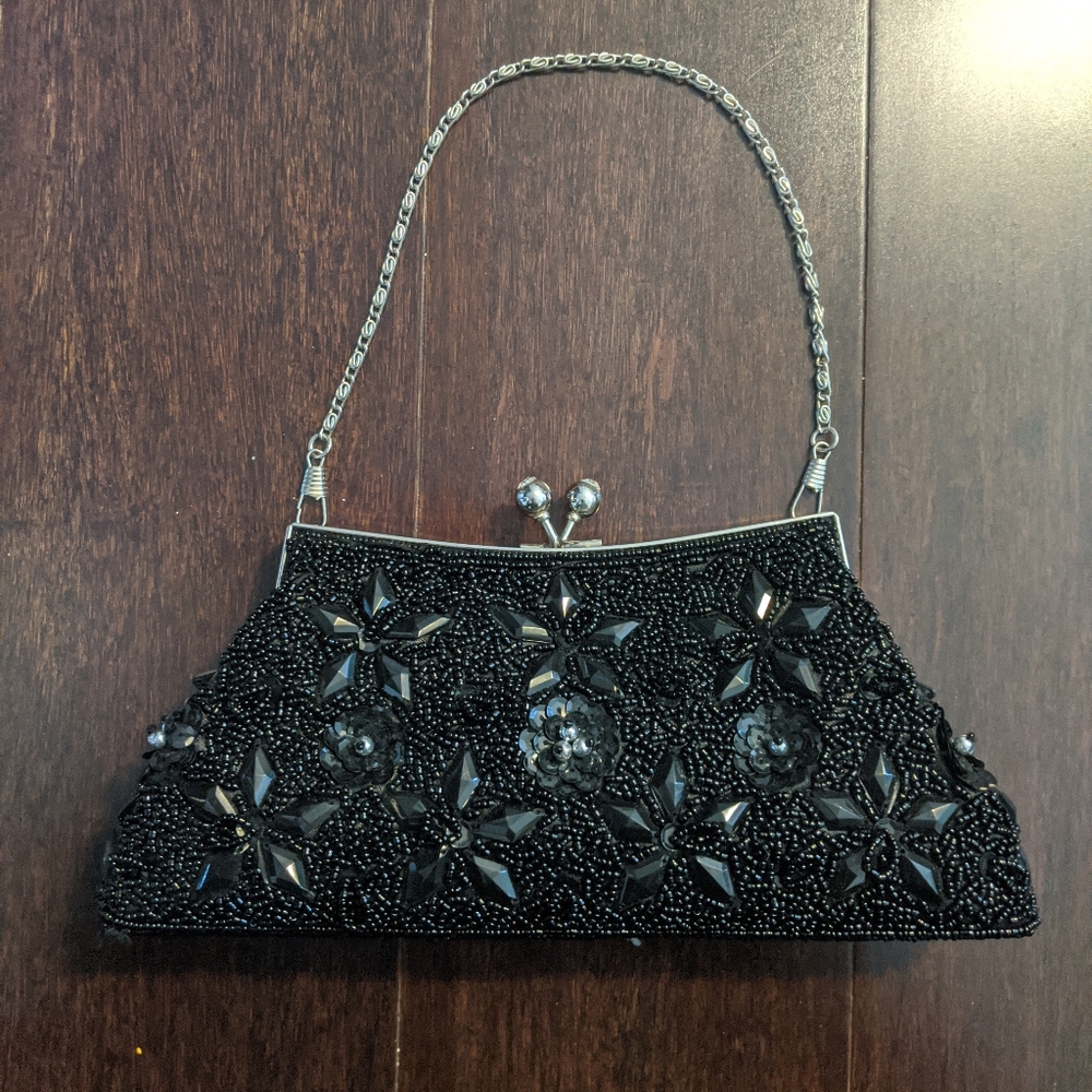 Black Beaded Dress Purse Clutch Removable Straps